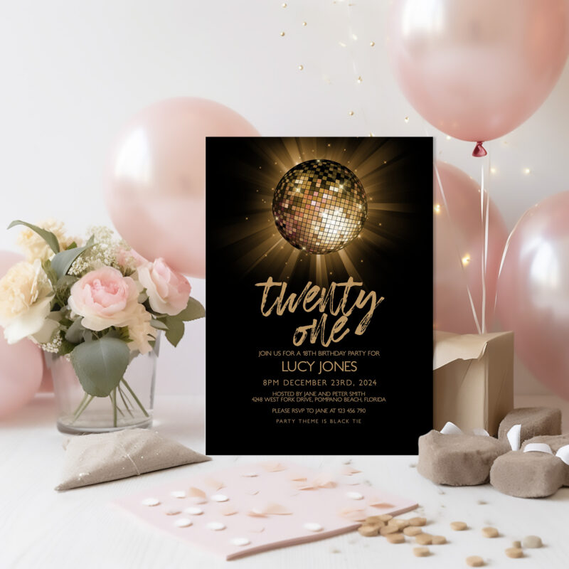 gold disco glitter ball invite