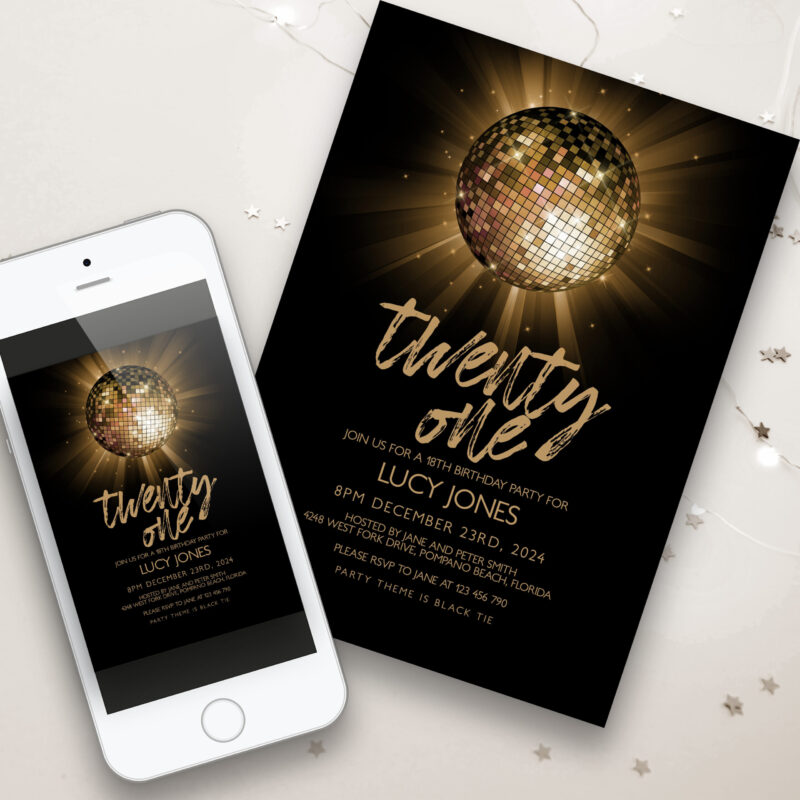 gold disco glitter ball invite