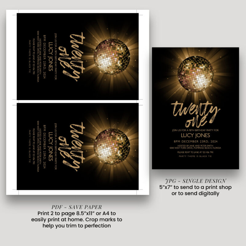 gold disco glitter ball invite