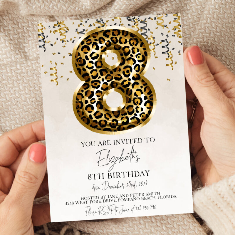 8th Leopard Print Balloon Birthday Invitation