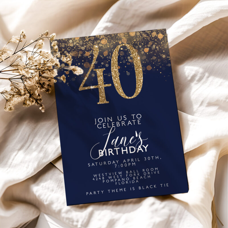 Navy Gold 40th Birthday Invitation