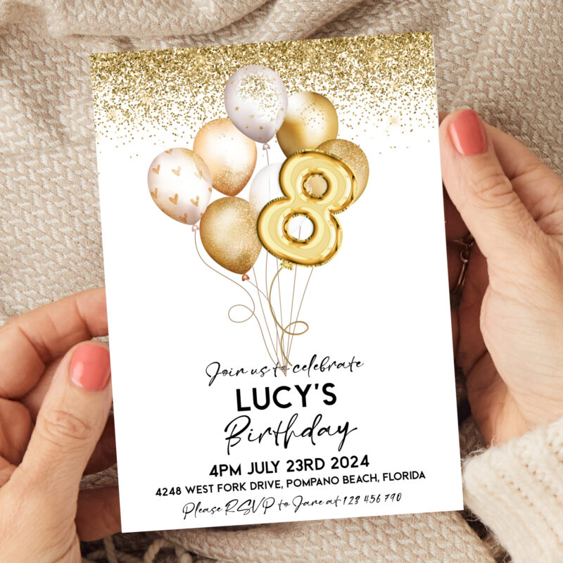 8th Birthday Gold Balloons Invitation