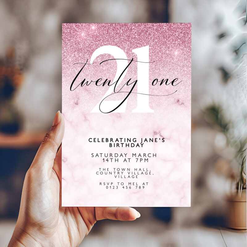 21st Pink Glitter Birthday Invitation