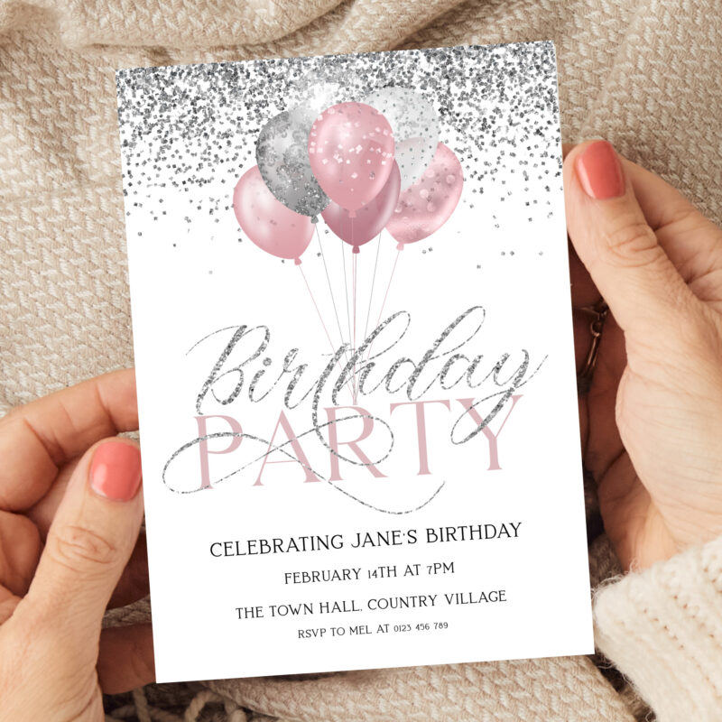 pink silver birthday invite