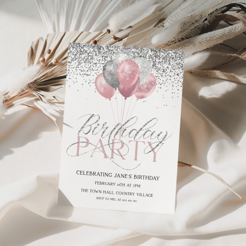 Silver Pink Glitter Birthday Invitation