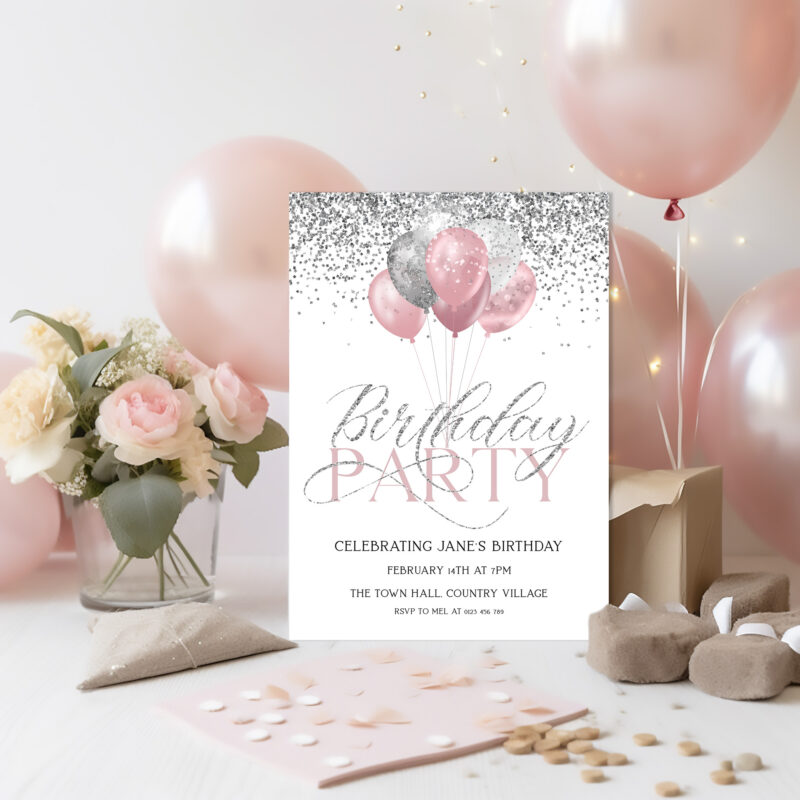 pink silver birthday invite