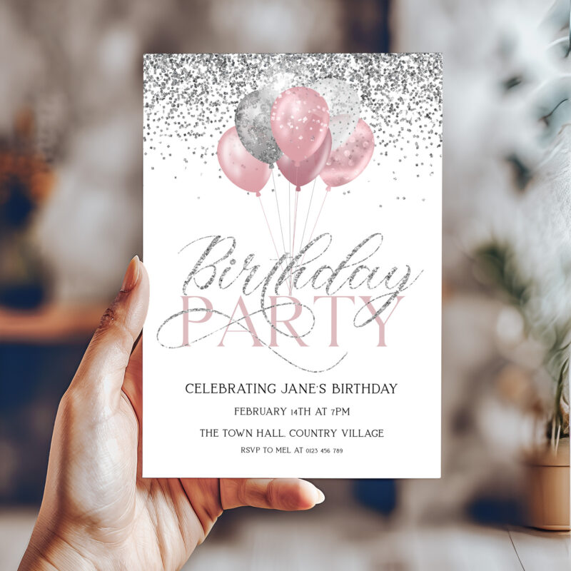 pink silver birthday invite