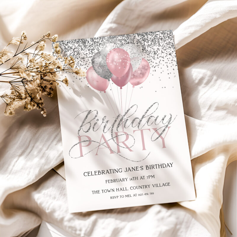 pink silver birthday invite