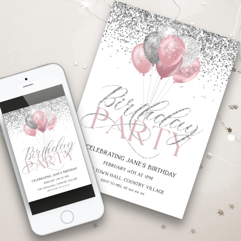 pink silver birthday invite