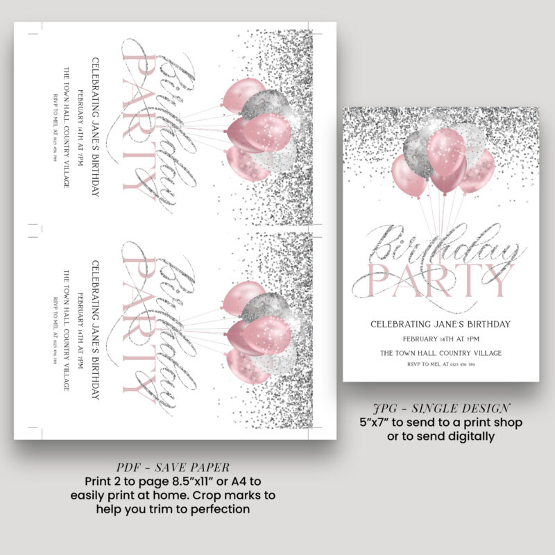 pink silver birthday invite