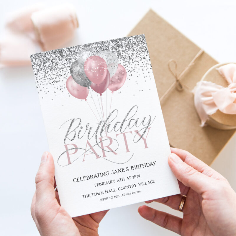 pink silver birthday invite