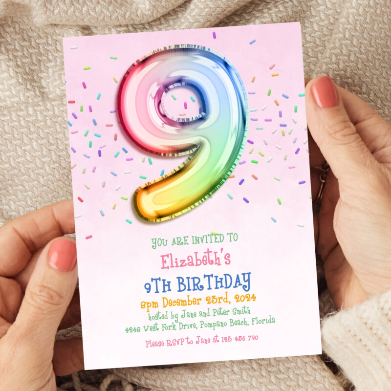 pink nine birthday invite