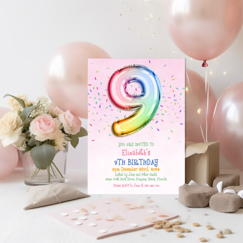 pink nine birthday invite