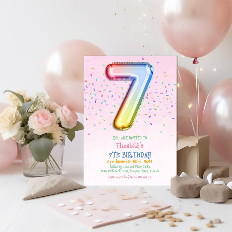 pink seven birthday invite