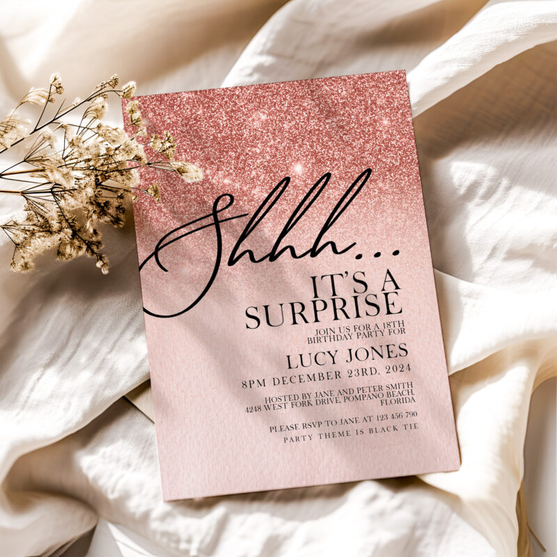 rose gold surprise party invite