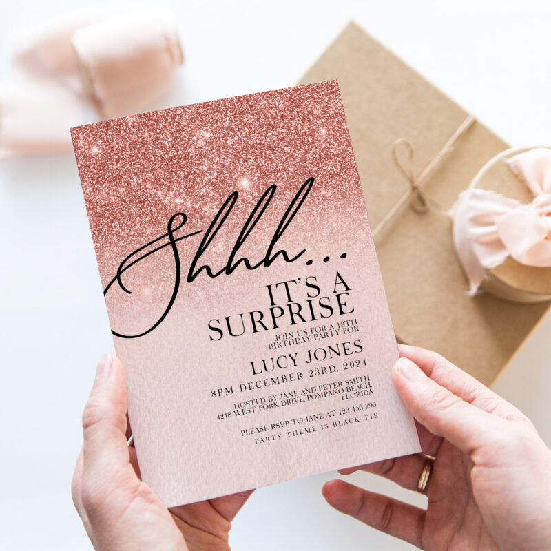 rose gold surprise party invite