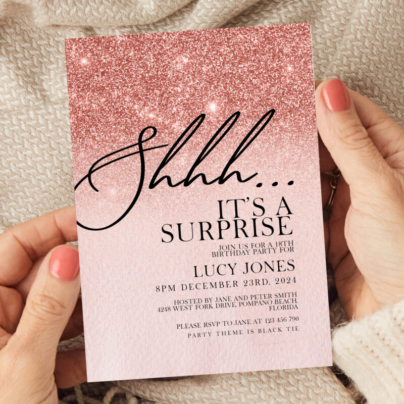 rose gold surprise party invite