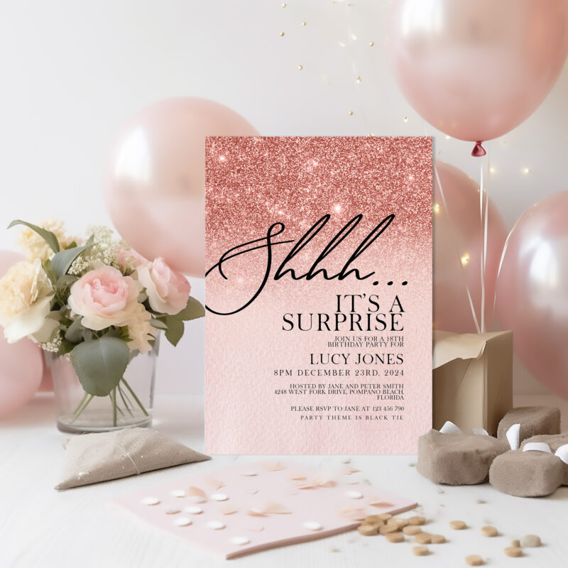 rose gold surprise party invite