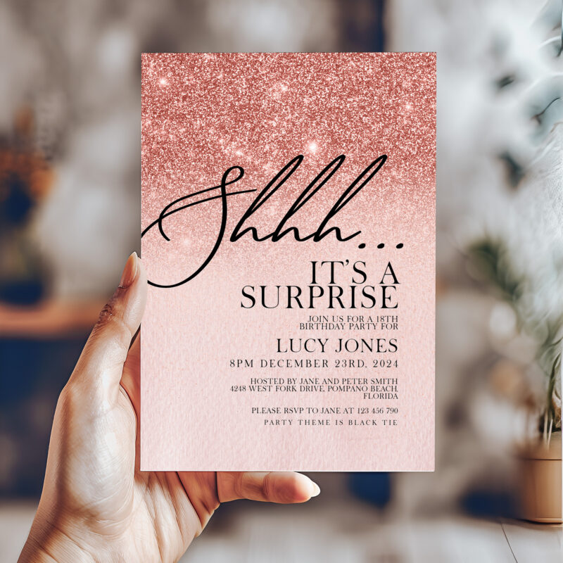 rose gold surprise party invite