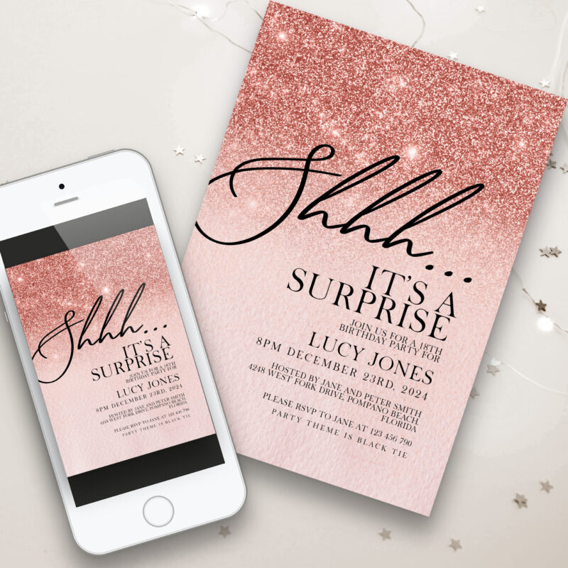 rose gold surprise party invite