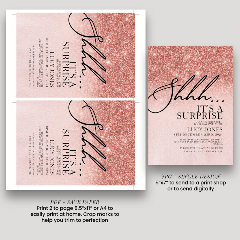 rose gold surprise party invite