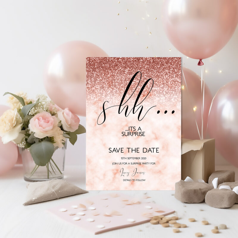 Rose Gold Surprise Save the Date Invitation