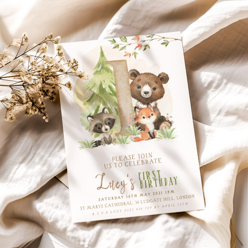 Woodland 1st Birthday Invitation