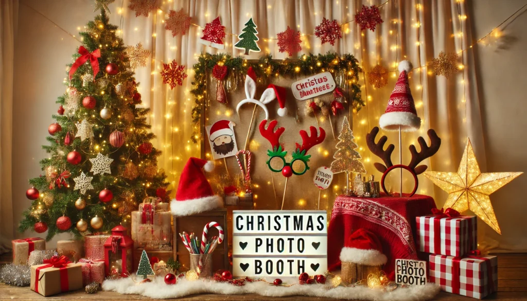 A cozy Christmas party setup featuring a holiday themed photo booth area with festive props like Santa hats, reindeer antlers, Christmas tree glasses,