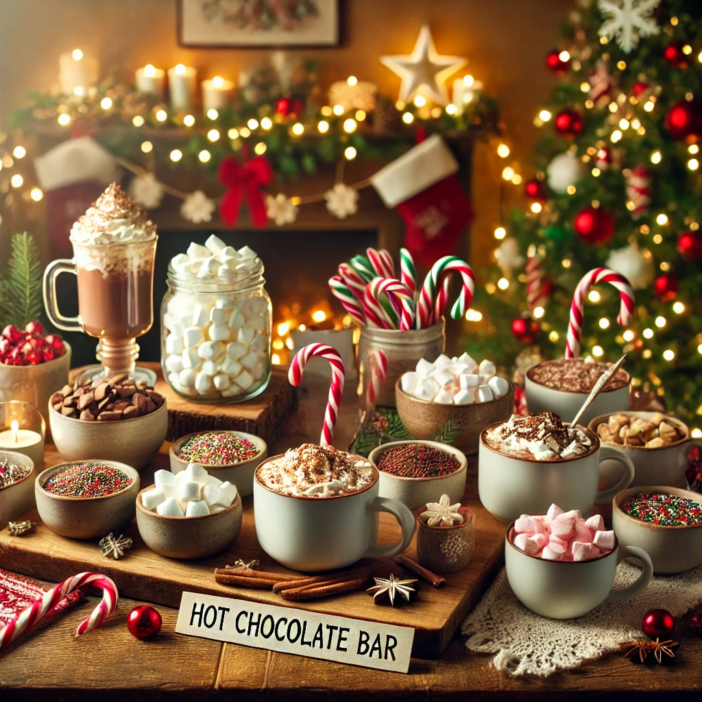 A cozy and festive hot chocolate bar setup for a Christmas party, featuring a wooden table with various holiday themed toppings like marshmallows, can