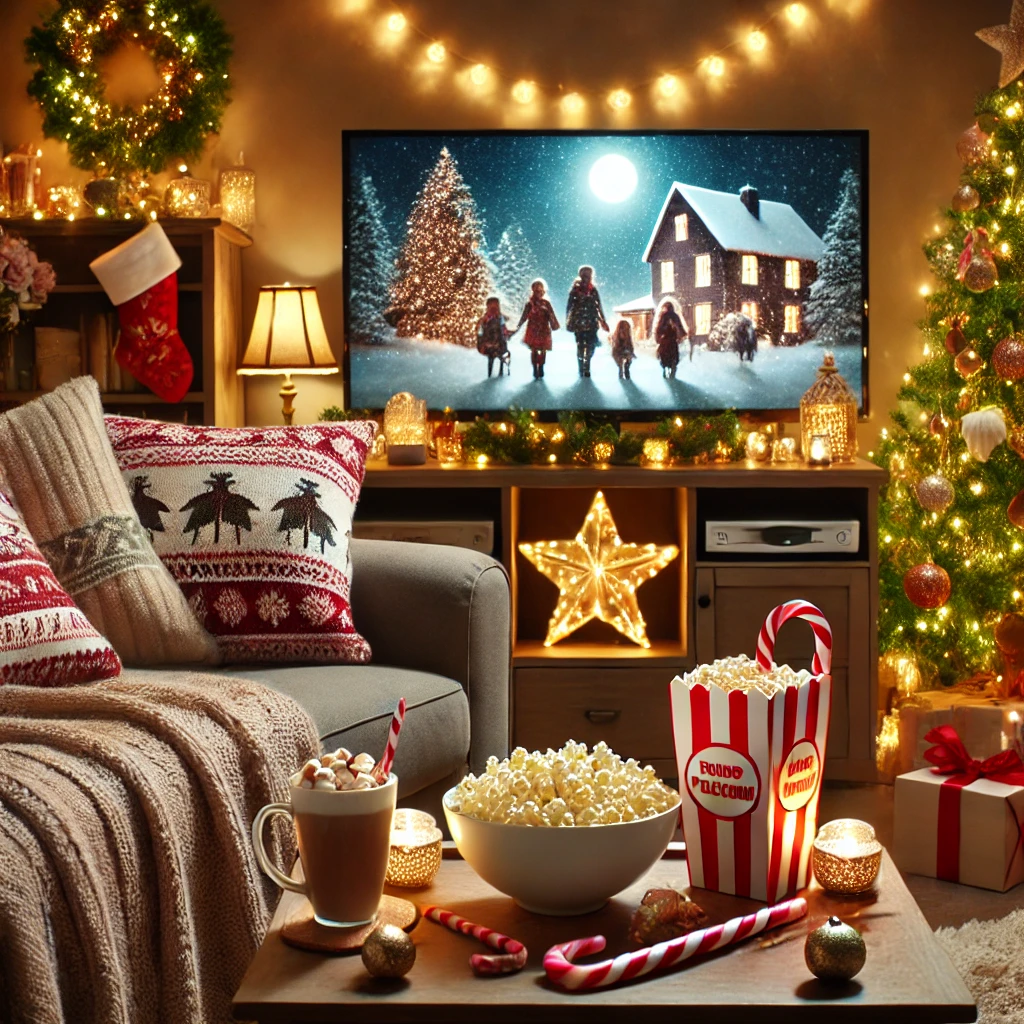 A cozy living room setup for a Christmas movie night party, featuring soft, warm lighting, a large TV showing a classic Christmas movie, a table with snacks