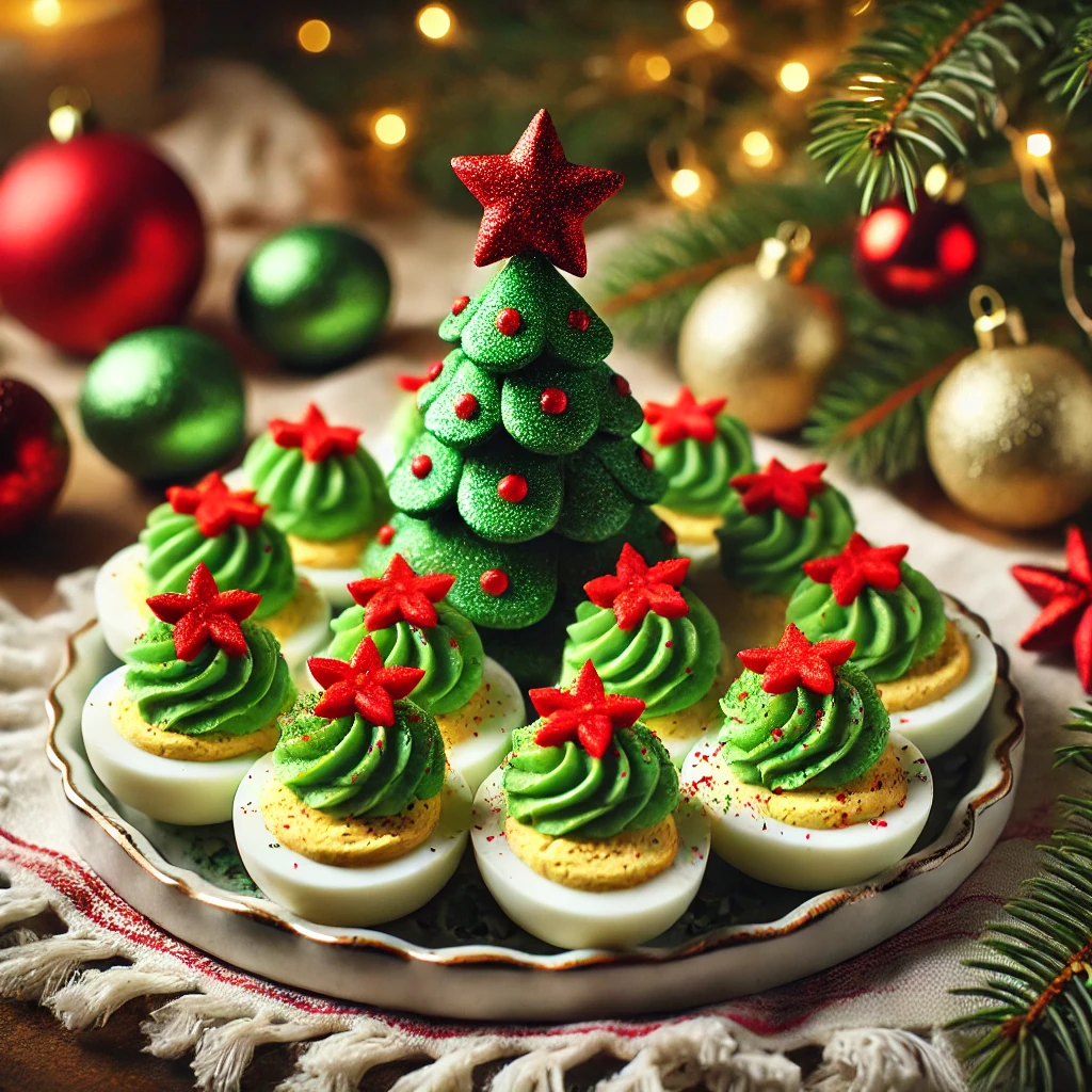  A festive Christmas themed display of holiday deviled eggs arranged on a decorative plate. The deviled eggs have a green filling made with food colori