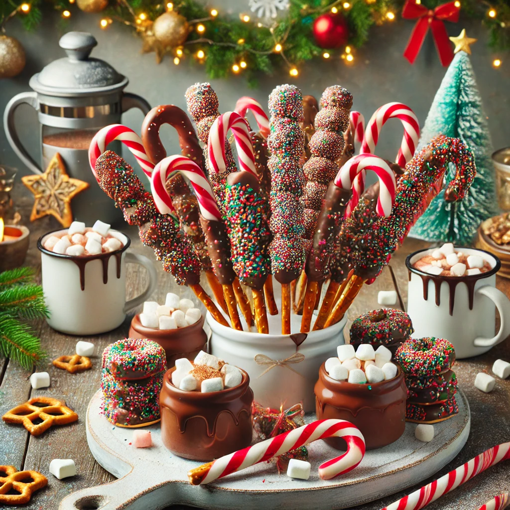 A festive display of hot chocolate dippers for a Christmas party. The dippers are candy canes and large pretzel sticks dipped in melted chocolate and