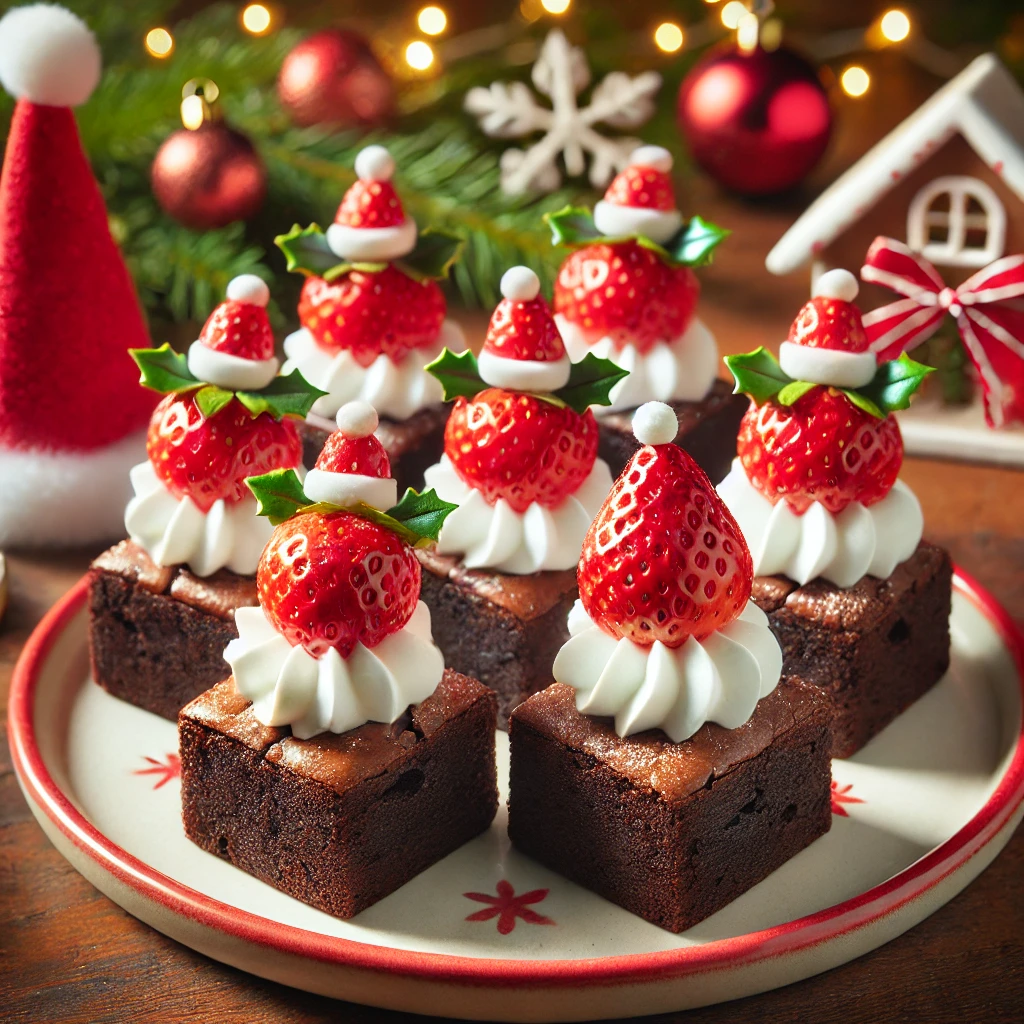 A close up of Santa hat brownies for a Christmas party, featuring small brownie squares topped with a dollop of whipped cream and a strawberry placed