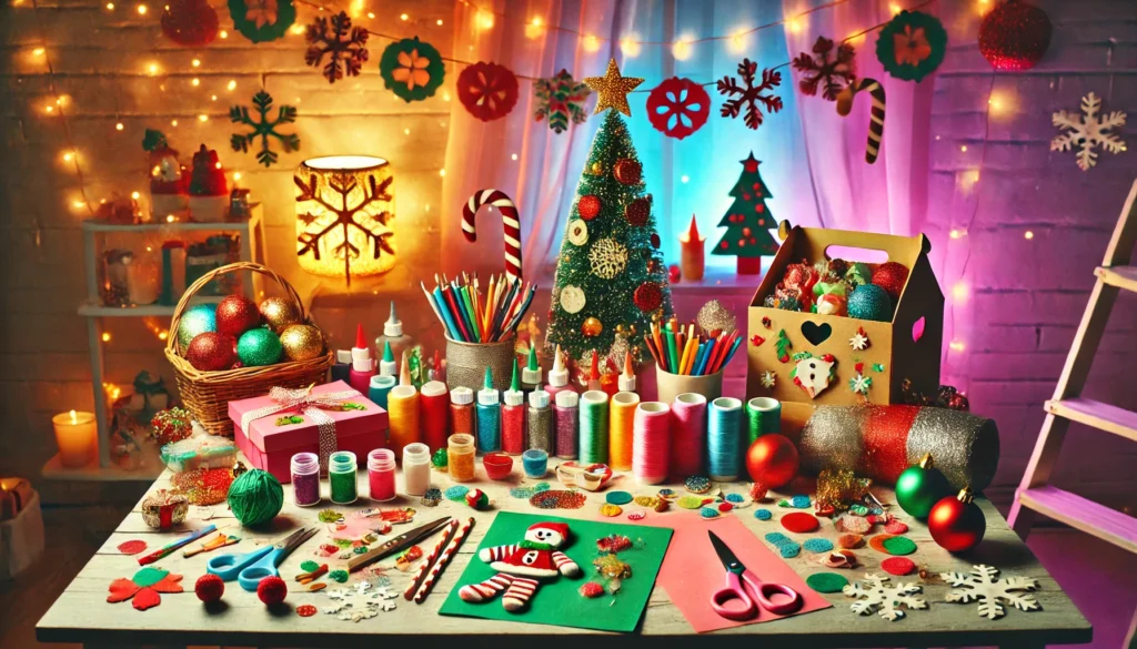  A fun and colorful Christmas craft party setup for kids. The image should show a festive table with various craft supplies like glitter, colored paper