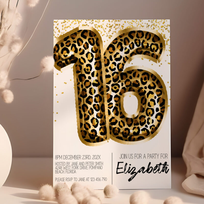 Leopard 16 Party Invite Balloon Invites Leopard 16 Party Invite Balloon Invites