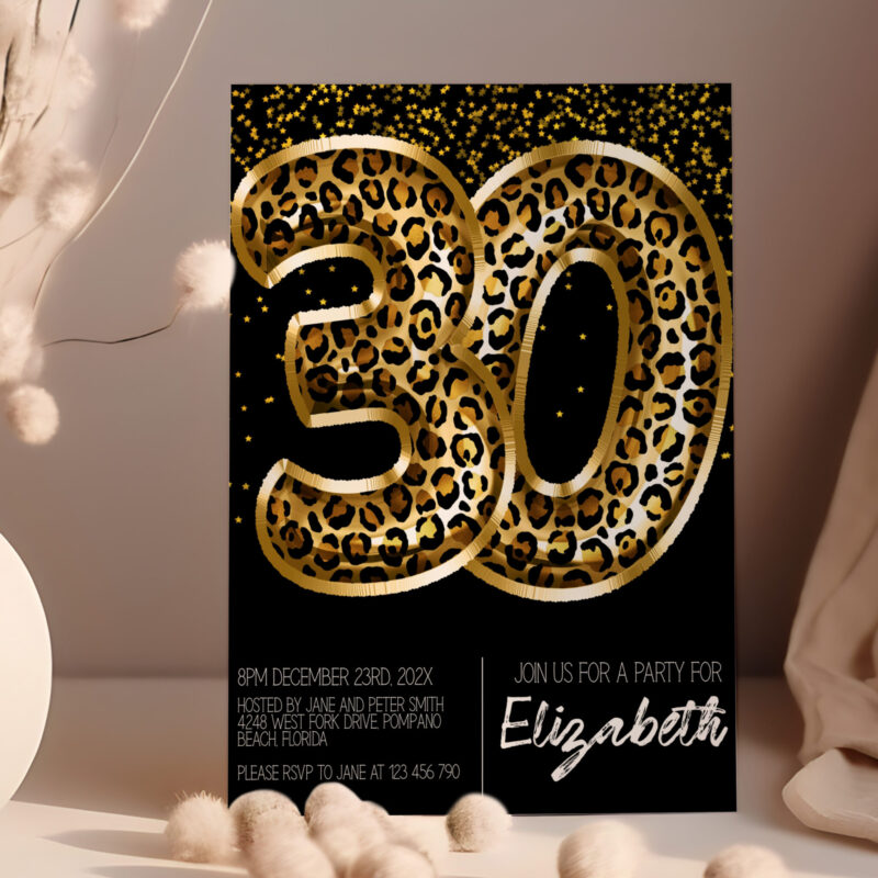 Black Gold Leopard 30th Party Invite Balloon Invites Black Gold Leopard 30th Party Invite Balloon Invites
