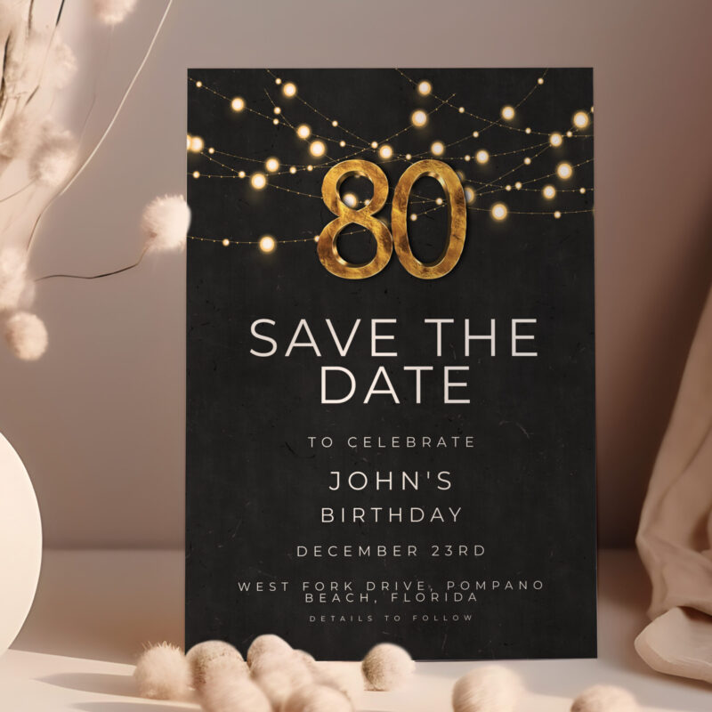 Black & Gold 80th Birthday Save the Date Invitation Save The Date Black & Gold 80th Birthday Save the Date Invitation Save The Date