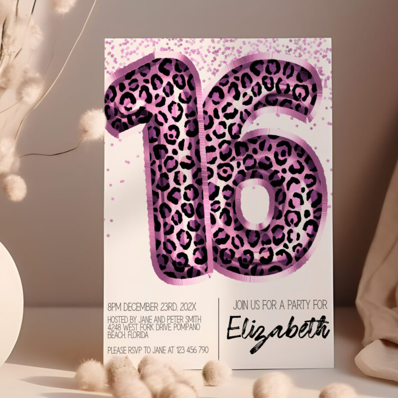 Pink Leopard Print 16th Party Invite Balloon Invites Pink Leopard Print 16th Party Invite Balloon Invites