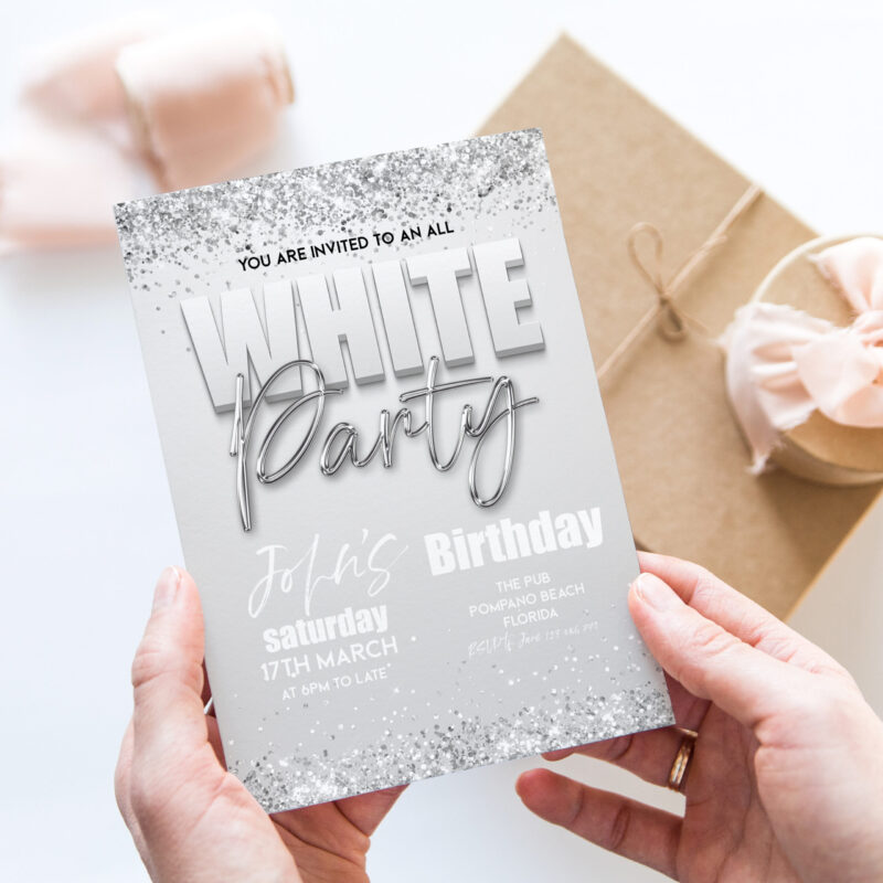 All White and Silver Party Invitation Birthday Invitations All White and Silver Party Invitation Birthday Invitations
