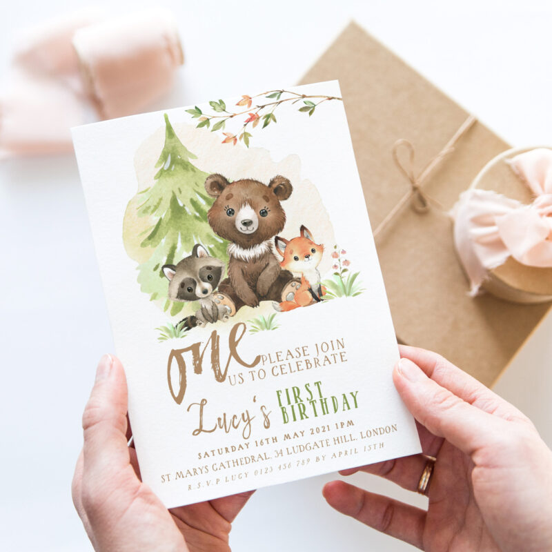 Woodland Bear 1st Birthday Invitation Children's Birthday Invitations