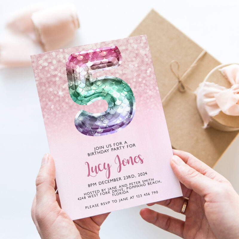 Mermaid 5th Birthday Invitation – Cute Balloon Invites