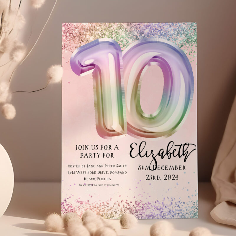 Pastel Rainbow 10th Birthday Invite Balloon Invites Pastel Rainbow 10th Birthday Invite Balloon Invites