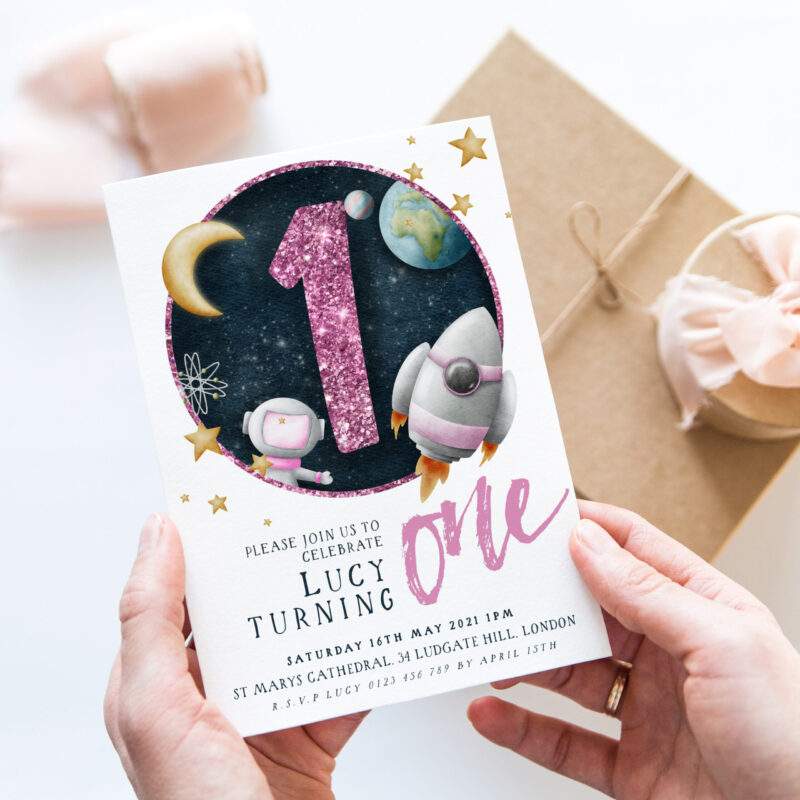 Girls’ Space Birthday Invite – Age 1 Children's Birthday Invitations Girls’ Space Birthday Invite – Age 1 Children's Birthday Invitations