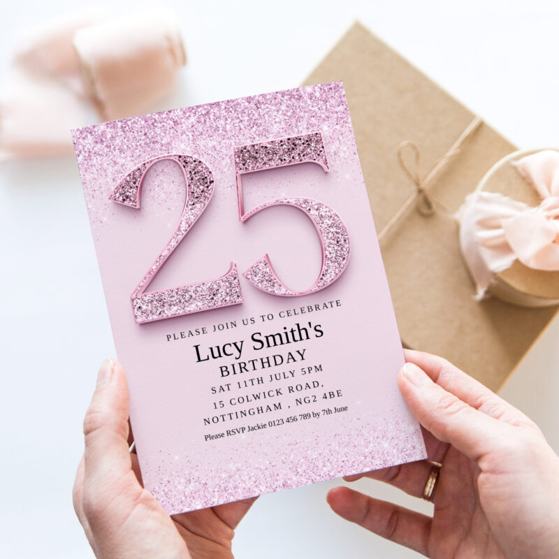 Pink Glitter 25th Birthday Invitation – Editable & Printable Birthday Invitations Pink Glitter 25th Birthday Invitation – Editable & Printable Birthday Invitations