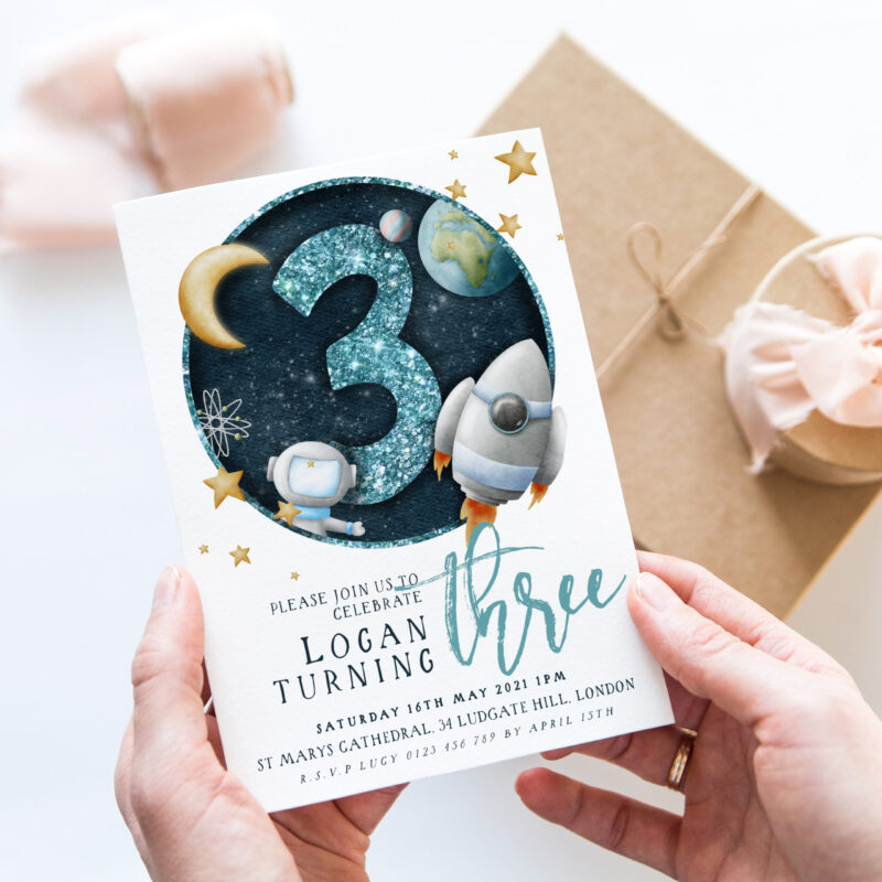 Boys’ Space Birthday Invite – Age 3 Children's Birthday Invitations