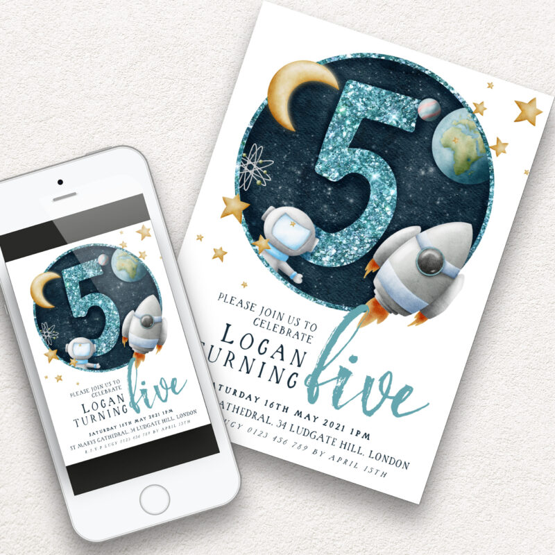 5th blue space birthday invite 5