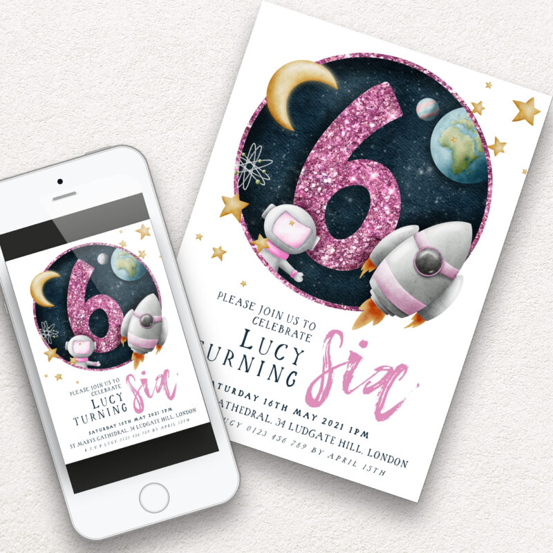 Girls’ Space Birthday Invite – Age 6 Children's Birthday Invitations Girls’ Space Birthday Invite – Age 6 Children's Birthday Invitations