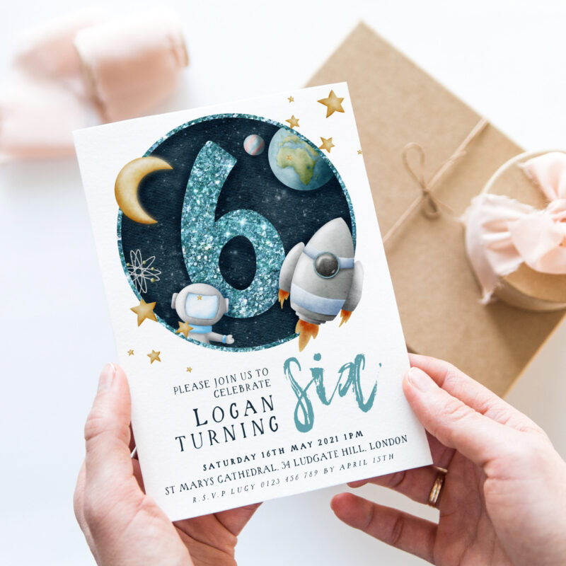 6th blue space birthday invite 2