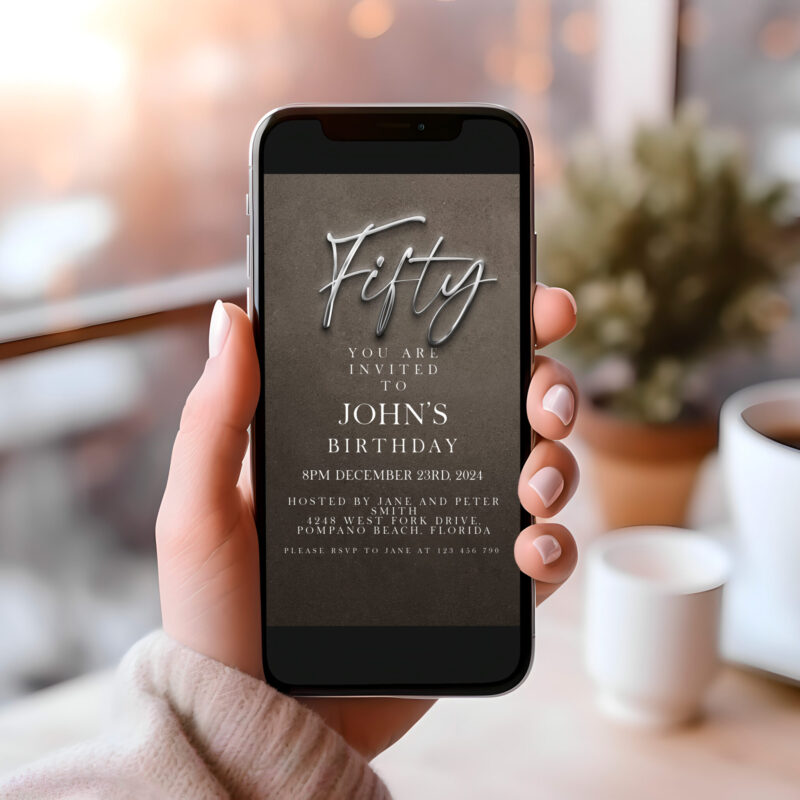 50th Birthday Mobile Invitation – Modern Silver Design for Him Mobile Invitations
