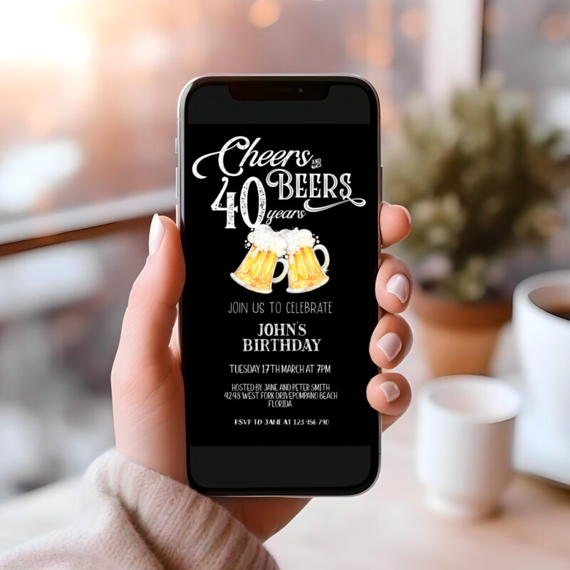 Cheers & Beers 40th Mobile Invitation – Editable Template for Him Mobile Invitations